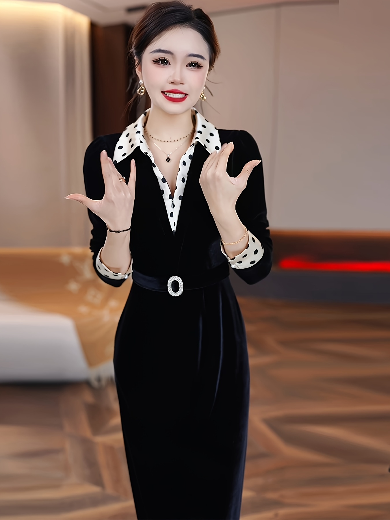 midi women's spring dresses 2025 Wulmleo Women's 2025 Spring Fall Midi Dress Casual Long Sleeve V Neck Dot Pleated A Line Flowy Dresses Black M, Size: Medium