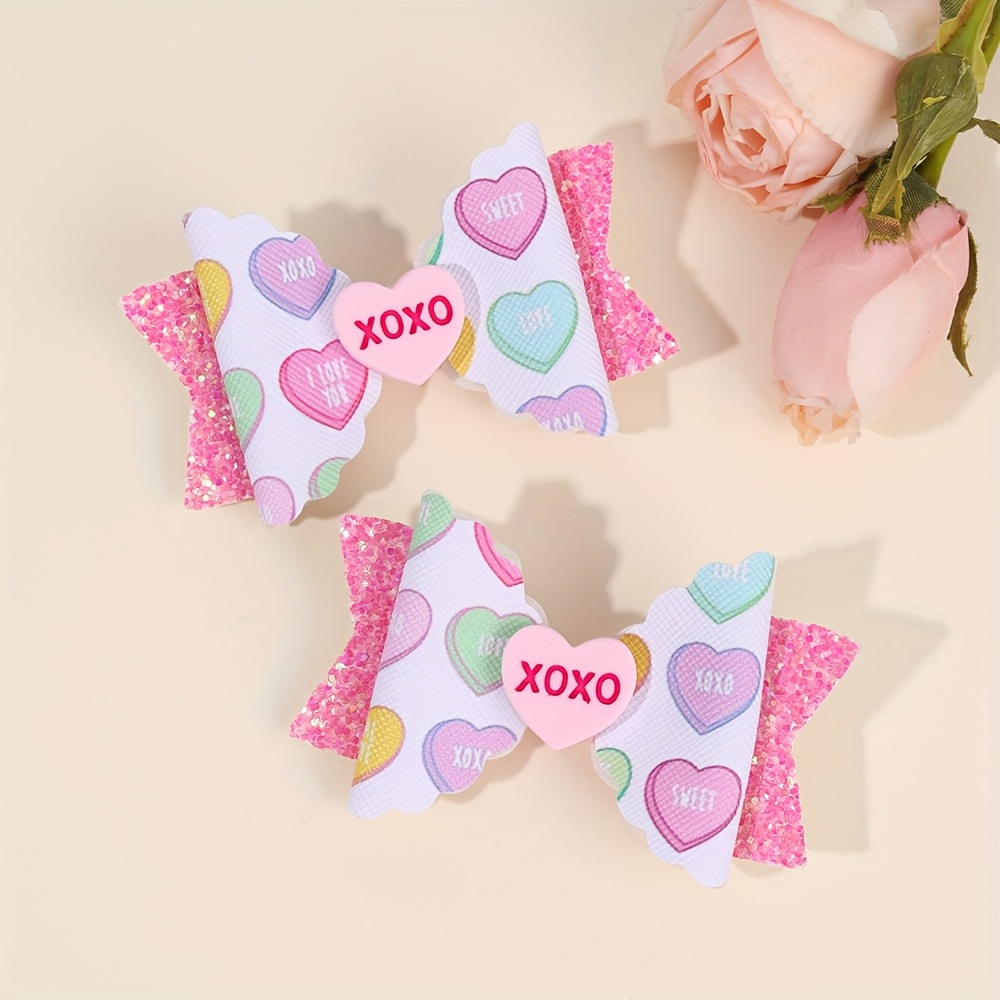 

2pcs & Hair Bow Clips - Valentine's Day Polyester Non-woven Fabric Barrettes With Heart Print For Teens, Daily & Casual Hair Accessories