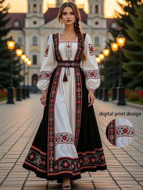 item picture ethnic neck puff sleeve cinched black and block flared exotic retro long skirt printed design