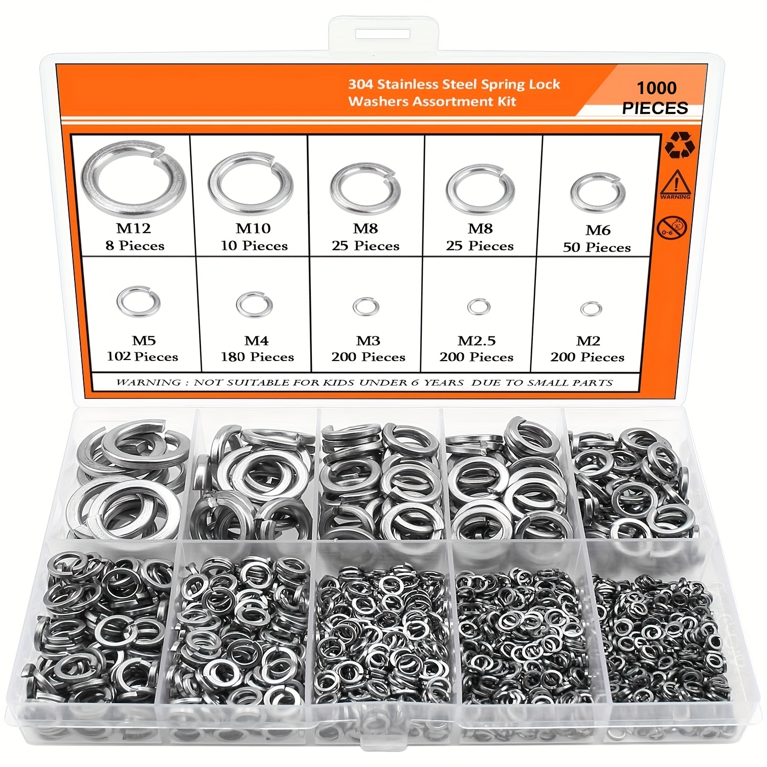 TEMU 1000pcs 304 Stainless Steel Spring Lock Washers - Assorted Sizes (m2 To M12) For Bolts & Screws, Anti-loosening Washers, Washers, Anti-loosening