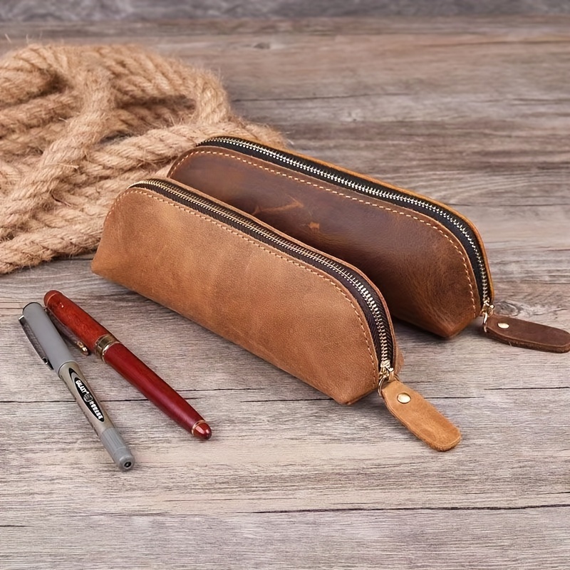 TEMU Premium Handcrafted Faux Leather Pencil Case - Essential Office & School Supply, Durable Stationery Organizer, Random Color Selection