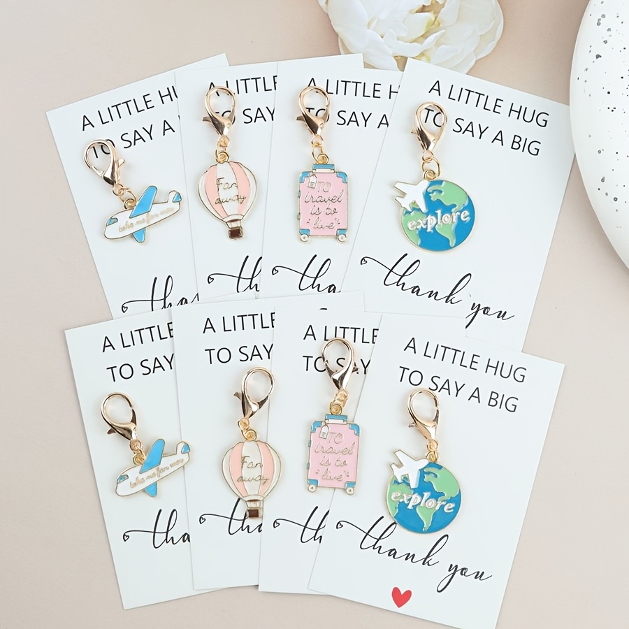 TEMU 4pcs/8pcs Flight Set Keychain Combo, Includes A Thank-you Card, Featuring Hot Air Balloons, Airplanes, And Suitcases. Perfect As A Travel-themed