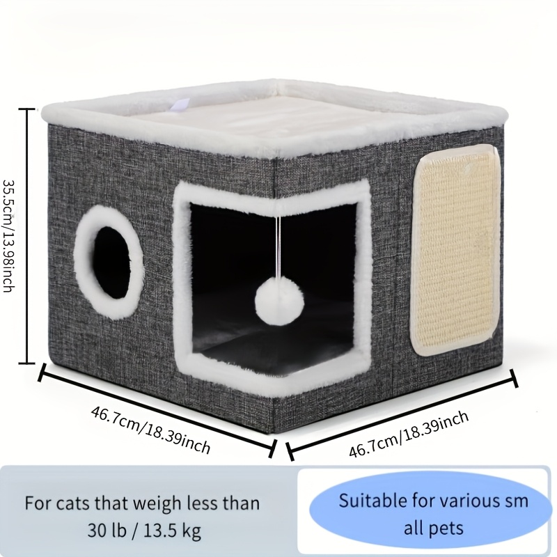 TEMU Luxurious Cat House, Cat House With 2-tier Bed, Toy Tunnel, Foldable Scratching Post, And Comfortable Mat- Cozy Indoor Cat Cube Bed With Plush