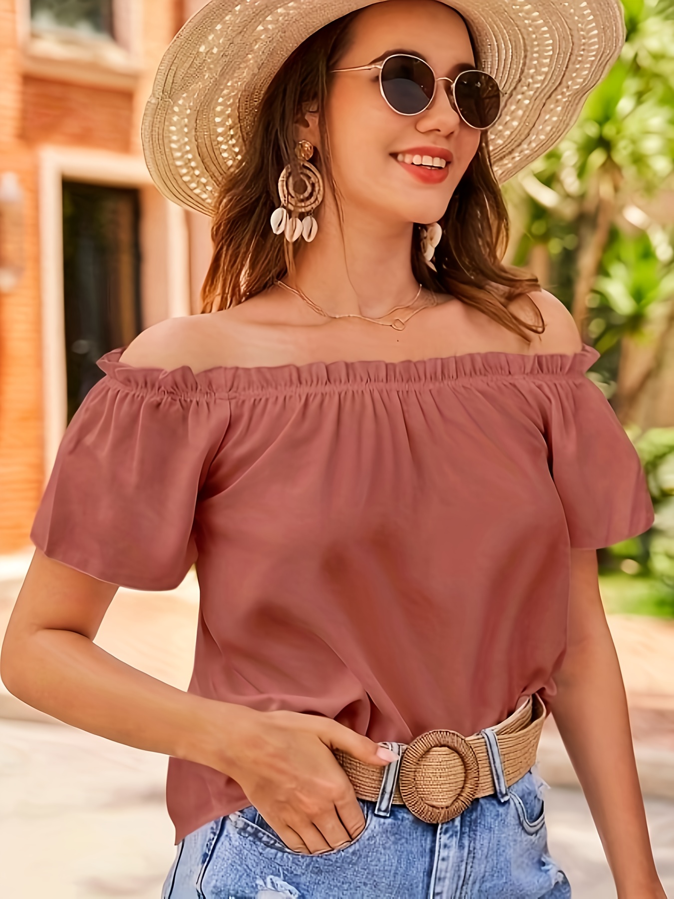 blusa elegante hombros descubiertos mujer poliéster Temu