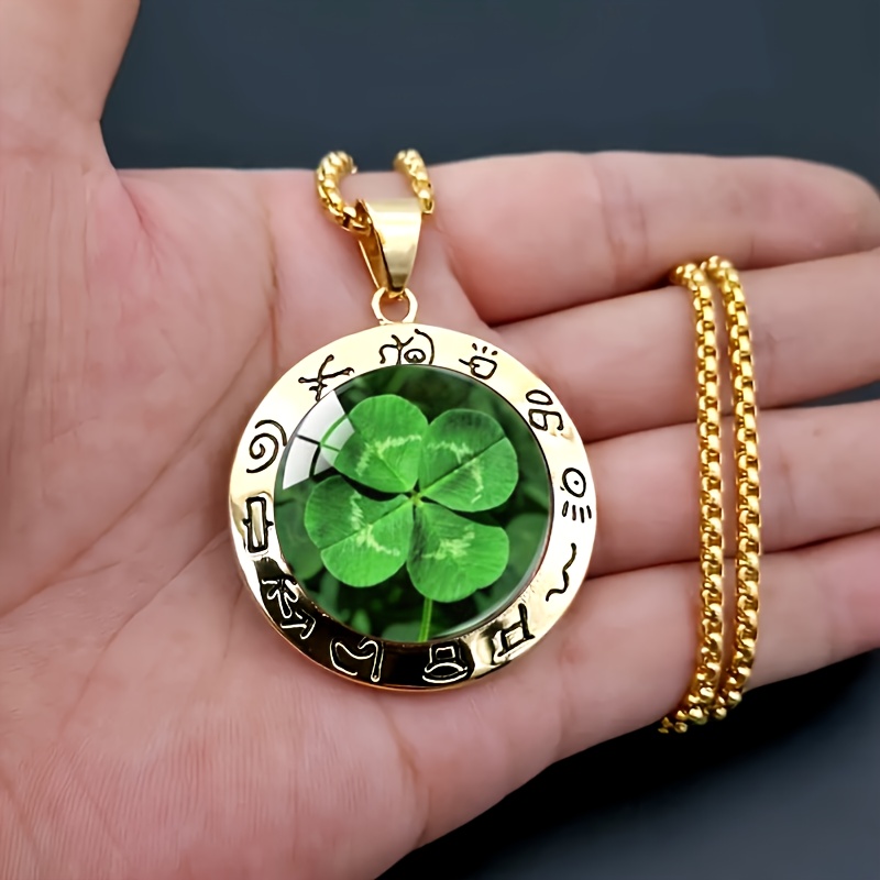 TEMU Exquisite Clover Ancient Egyptian Hieroglyphs Round Glass Pendant Necklace, A Perfect Gift For For Birthdays And Anniversaries