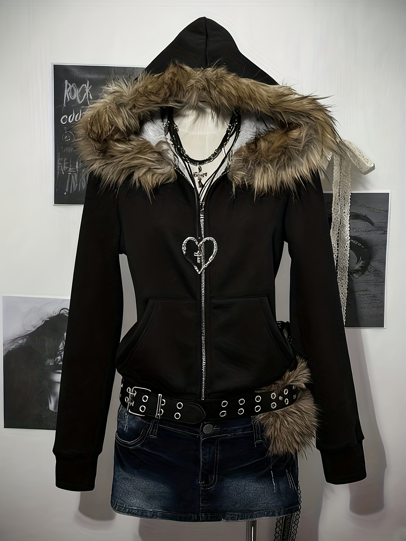 damen herbst/winter-jacke, gefütterte, verdickte, warme oberbekleidung, kunst-  mit abnehmbarem kragen, kapuzen-sweatshirt, herbst/winter, lässiger eleganter schwarzer temperamentvoller gepolsterter mantel mit arktischem futter, taillierter verkürzter amerikanischer vintage-y2k-stil