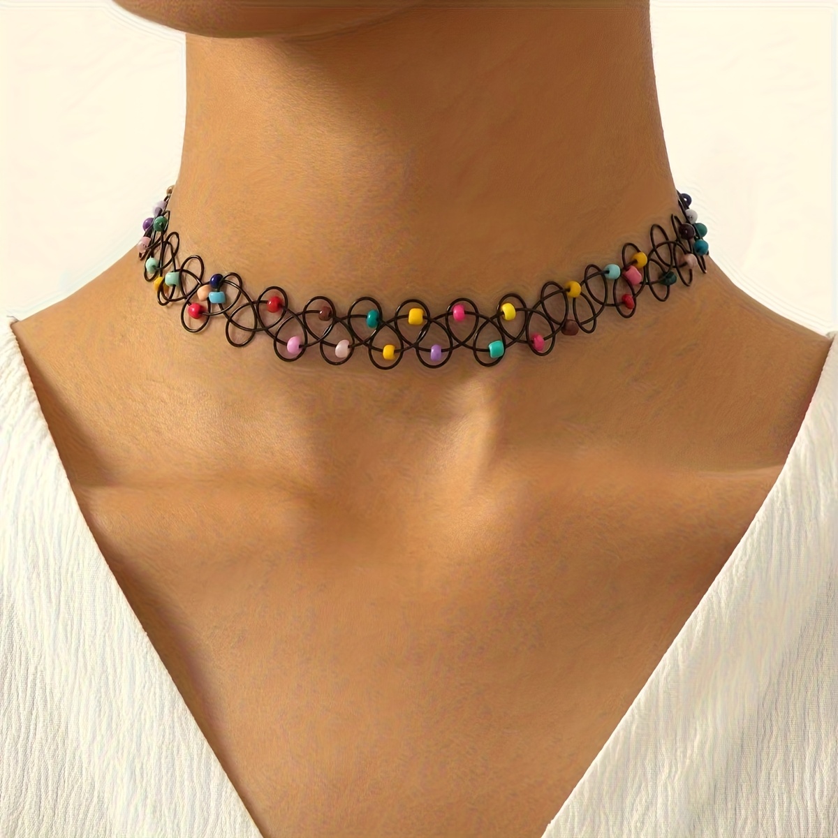 TEMU Handcrafted Elastic Beaded Colorful Random Beads Choker | Vintage Boho Style, Suitable For Daily And Gift- Occasions