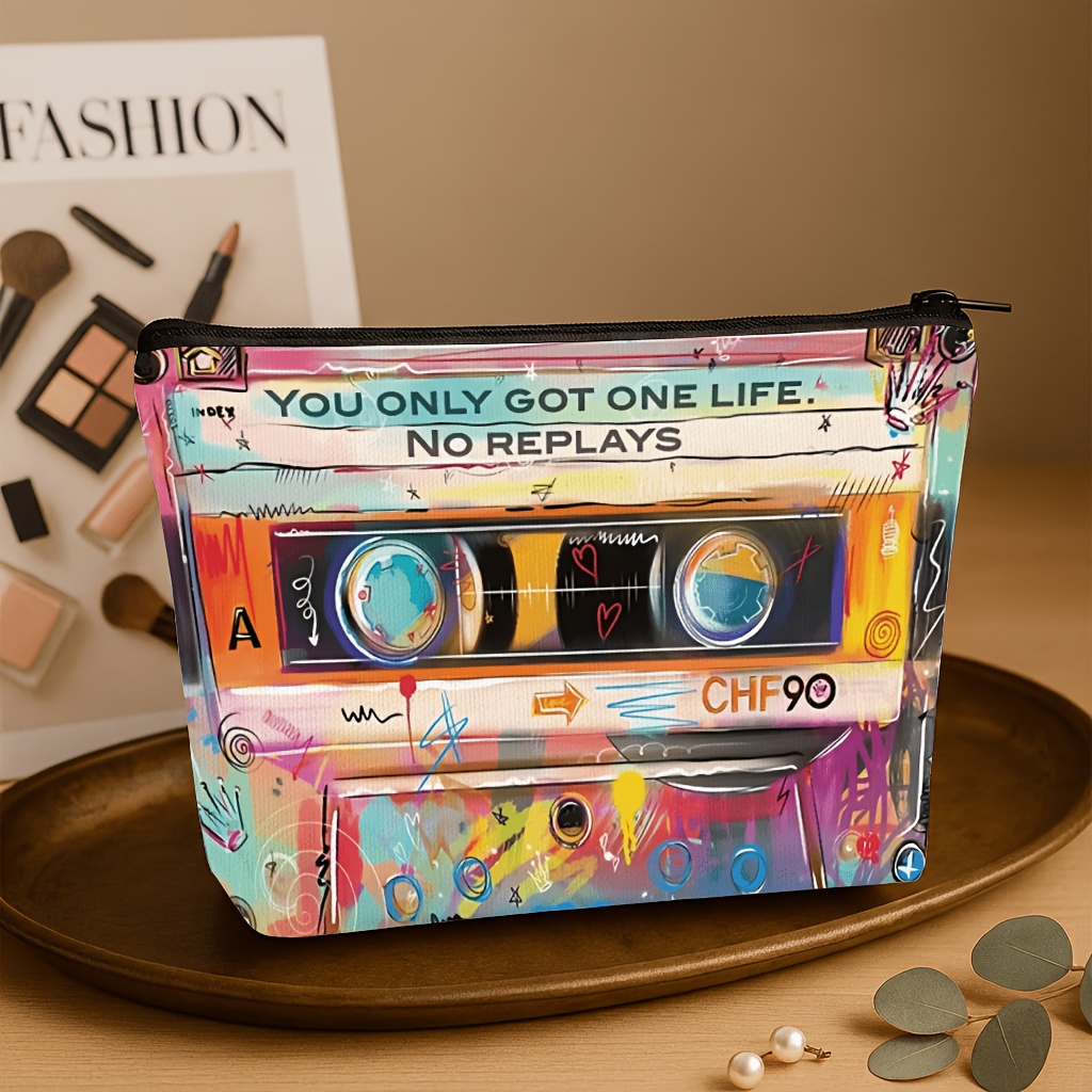 TEMU Trousse de Cosmétique rétro créative de cassette, un sac de rangement multifonctionnel pour articles de toilette, cosmétiques, écouteurs et