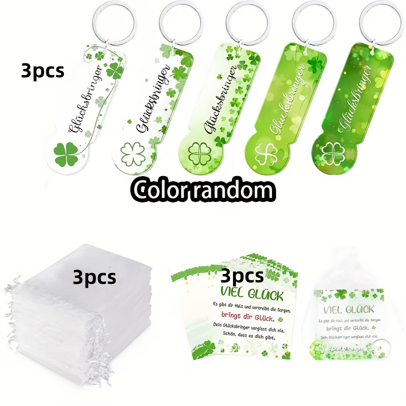Image of 6/9pcs Random Clover Keychain Set, Includes Keychain, Gift Bag, And Clover Card, Symbolizing Good Luck, , And A Talisman. Suitable As 's Day Party Favor Stuffers, Souvenirs, Or Supermarket