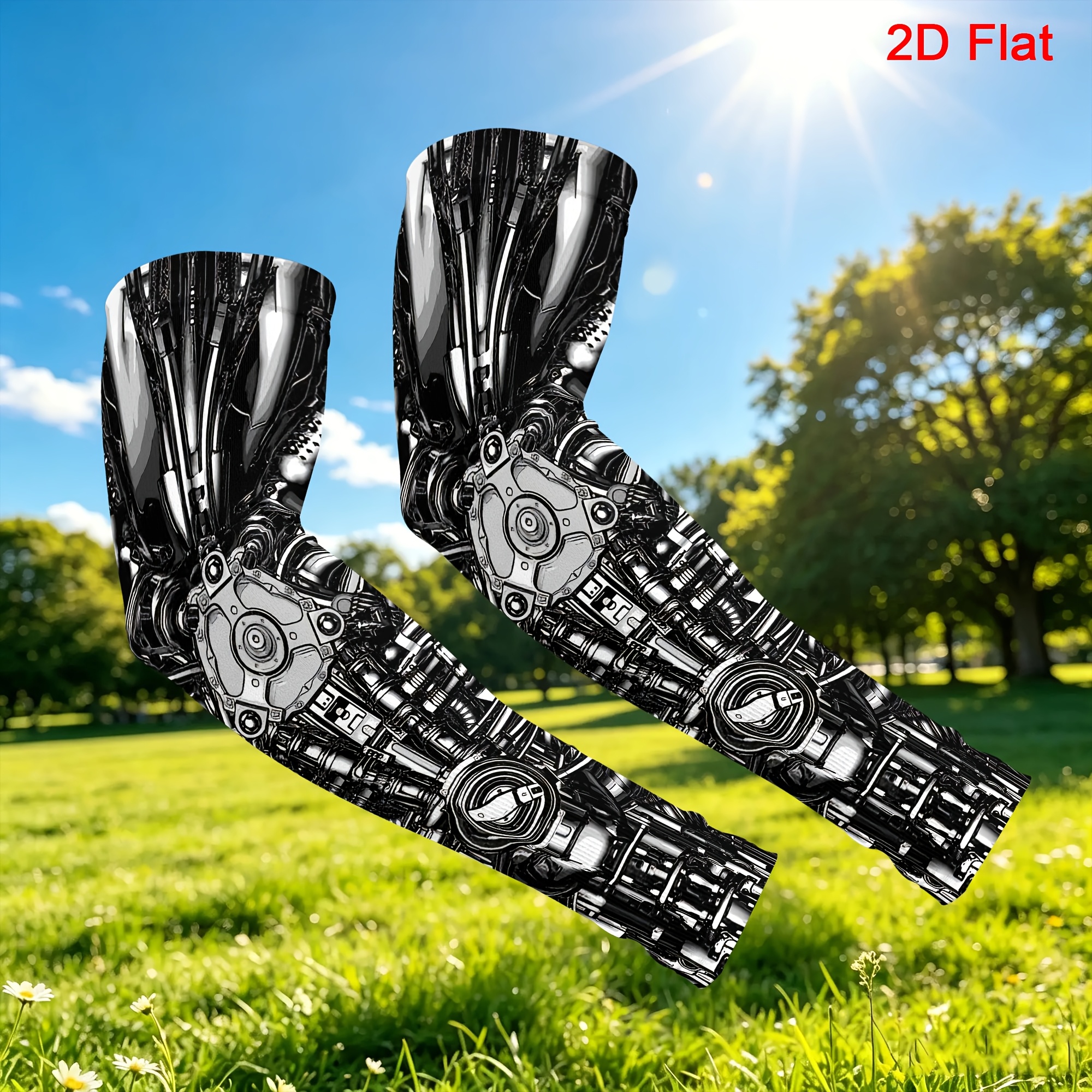 TEMU 2d Flat 1 Pair Black White Compression Arm Sleeves Printed Design-not Textured 2d Printing Ice Arm Sleeves Unisex, Cooling And Breathable Arm