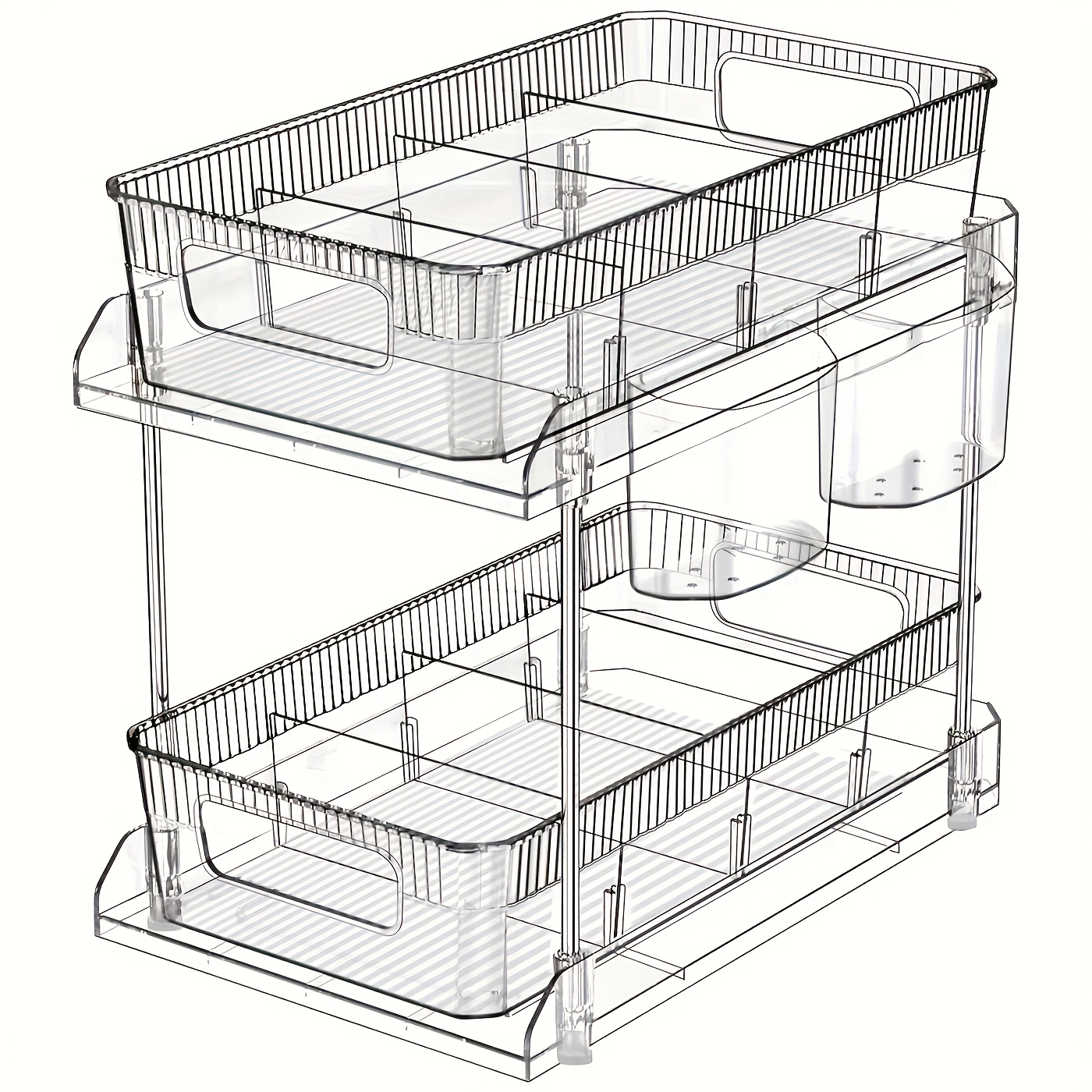 TEMU 1pc 2-tier Clear Plastic Under Sink Organizer With Adjustable Dividers, Stackable Drawer Type Storage Holder For Kitchen And Bathroom