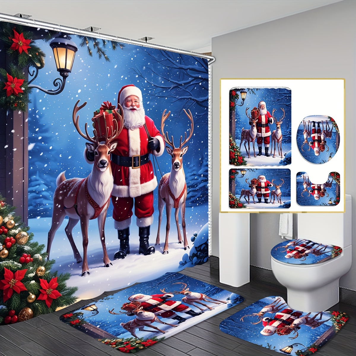 

Christmas Bathroom Set Stain- - Includes Mat, U-shaped Toilet , Stain- Bath , And For Decor