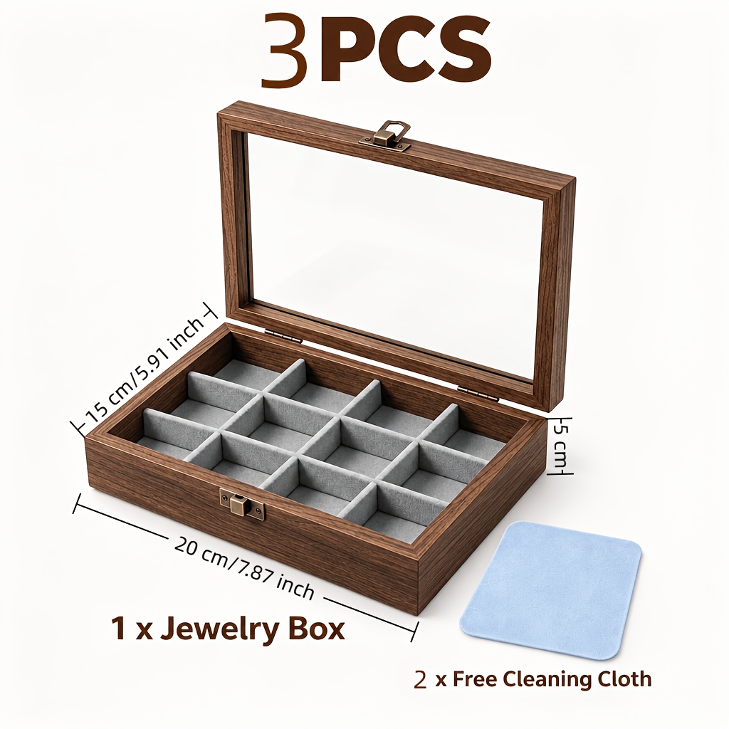 Wooden Ring and Earring Storage Box with Glass Lid