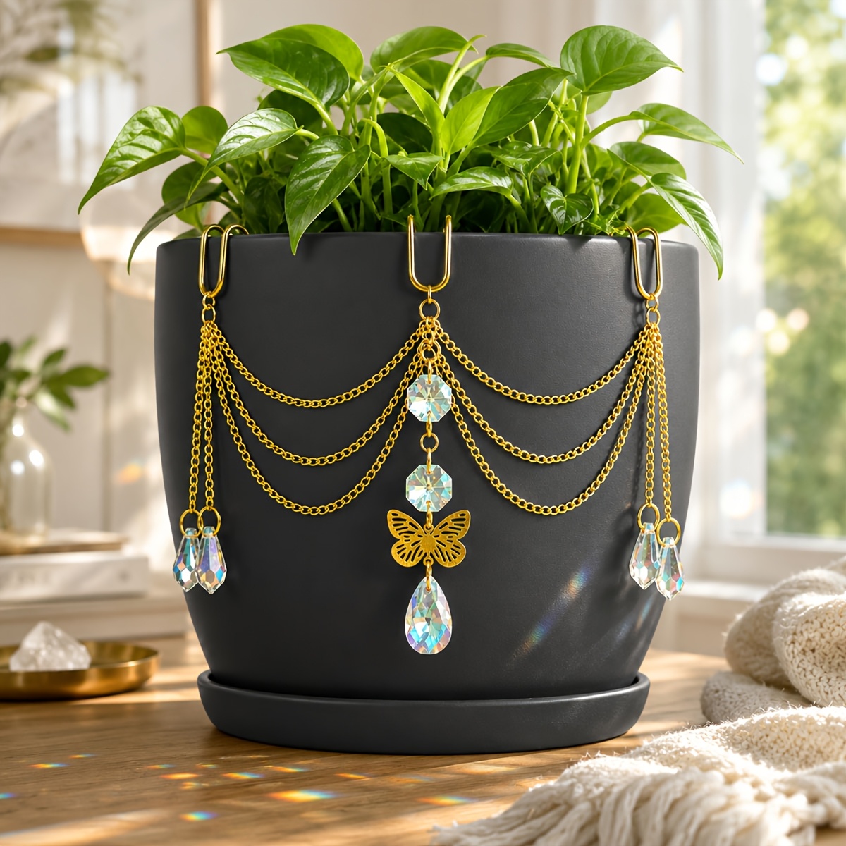 TEMU Bohemian Chain Gardening Sunlight Catcher Ornaments Sun Catcher Flower Pot Hanging Decor, Ab Iridescent Plant Pot Decoration, Outdoor Planter