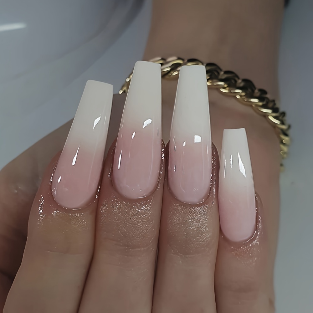 

Elegant 24pcs Long Ballerina Press-on Nails Set - Milky White & Pink Gradient, Glossy , Full Cover Fake Nails For Women And Girls - Includes Jelly Adhesive & Nail File, Removable, Fashion Wear