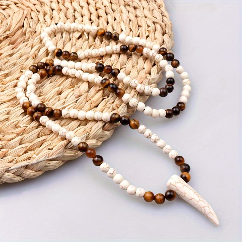 Design, Men's Tribal Style Necklace With 6mm Tiger Eye Stone Beads Pendant, Tiger Eye Jewelry