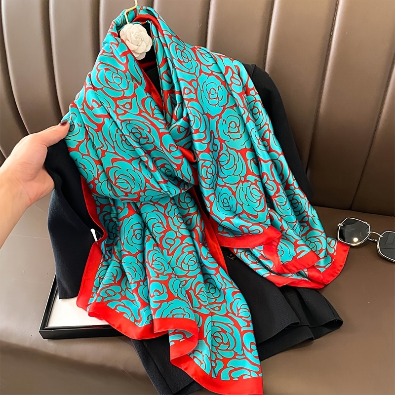 

Women's Luxurious Satin Scarf, Large Size Long Floral Print Lightweight Wrap, Warmth Wind & Sun Protection Beach Shawl