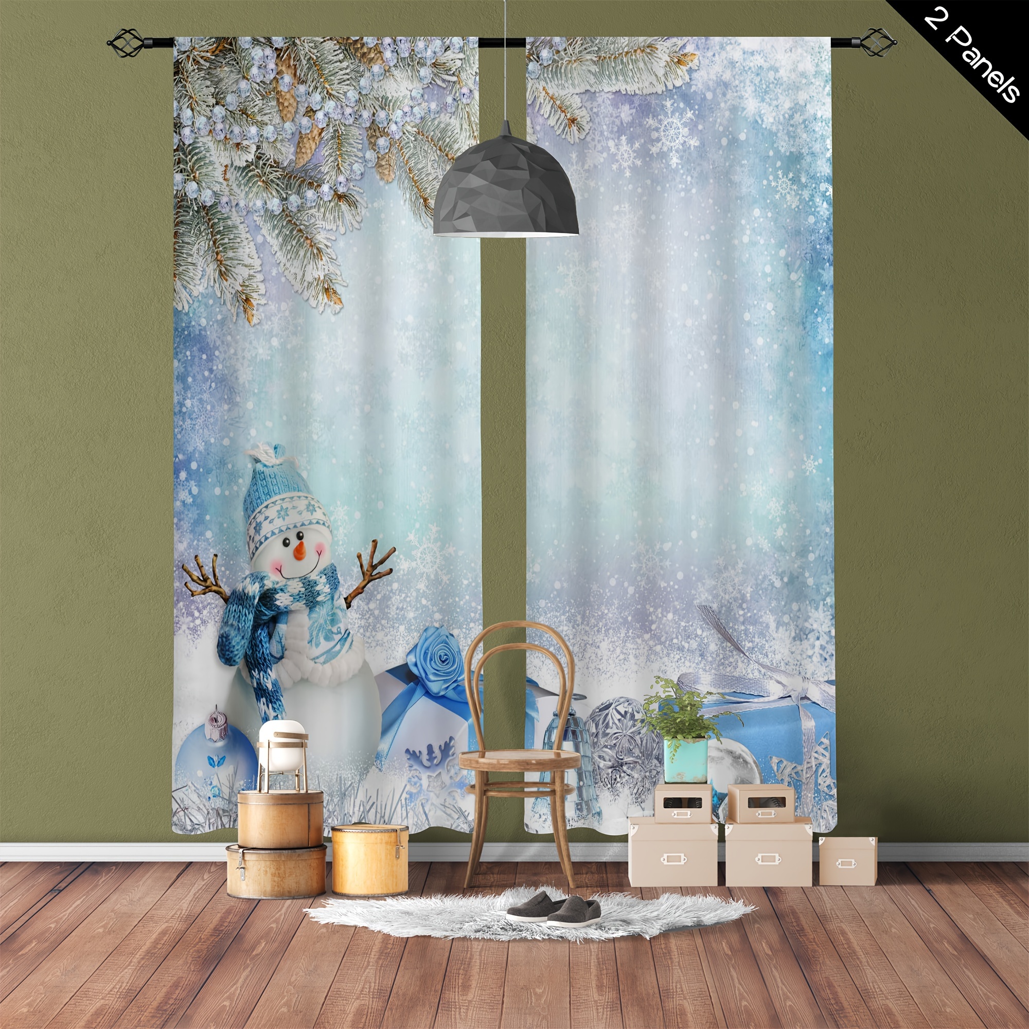 

2 Panel Christmas Snowman Print Sheer Curtains For Living Room - Polyester Rod Pocket Translucent Drapes For Home Decor