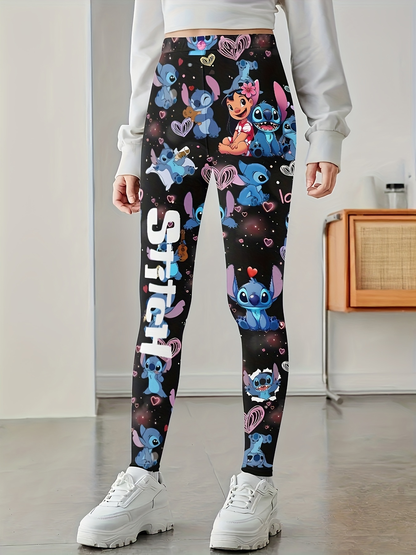 {} Stitch Girls Fashion Yoga Pants - Cartoon Print, Breathable and Comfortable, Casual Yoga Pants with Elastic Waistband, Great for Running Fitness, Girls Clothing, Girls Trousers, Perfect Choice for Outdoor Wear, Perfect for Outdoor