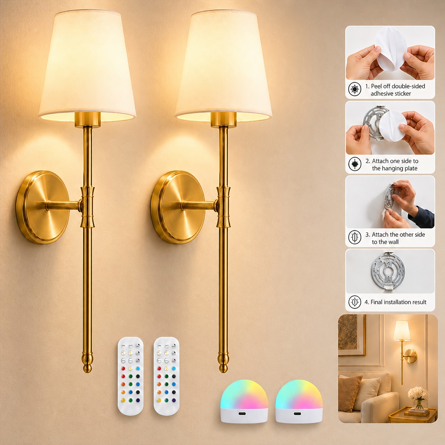 2 pack punch free   mount wall sconce wireless battery operated wall light rechargeable dimmable lamp with remote control 15 color changing golden wall lamp   for bedroom living room hallway gift renter friendly