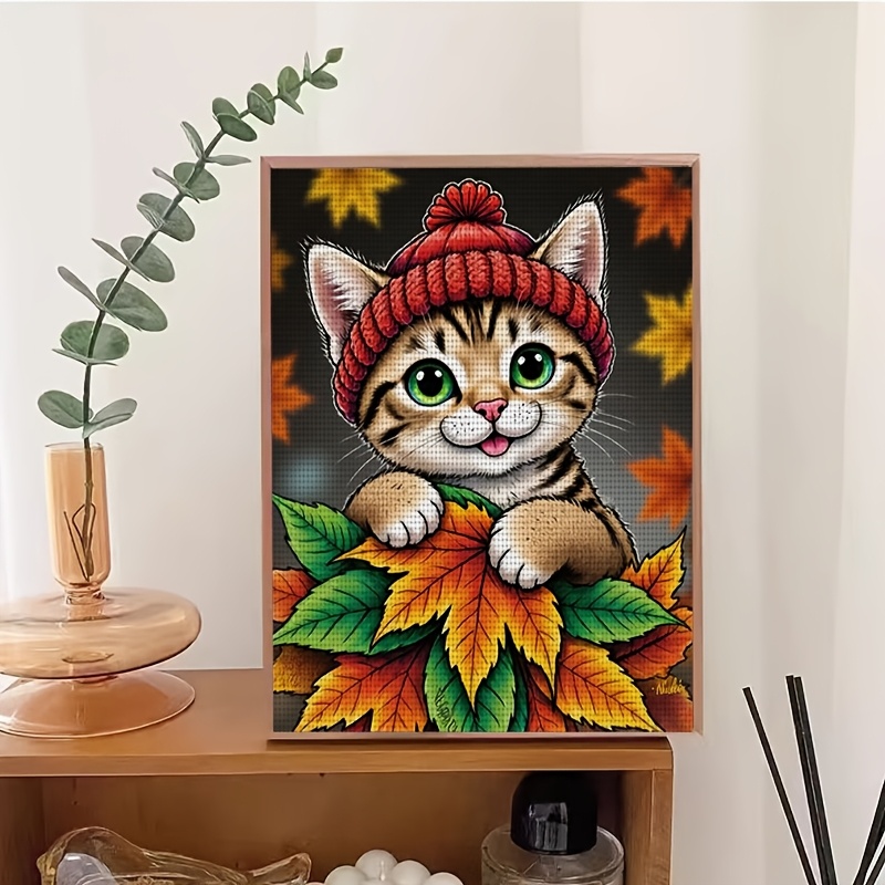 Frameless Cross-Stitch Printed Kit, Red Hat Kitten and Autumn Leaves