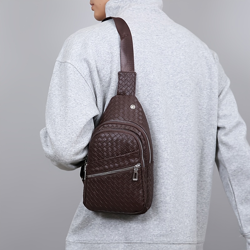 Sac de Poitrine Homme — Tressé Cuir PU Multicompartiments Sac de poitrine pour homme, sac bandoulière en PU pour homme, sac à bandoulière décontracté multi-compartiments, sac à dos léger pour les trajets quotidiens