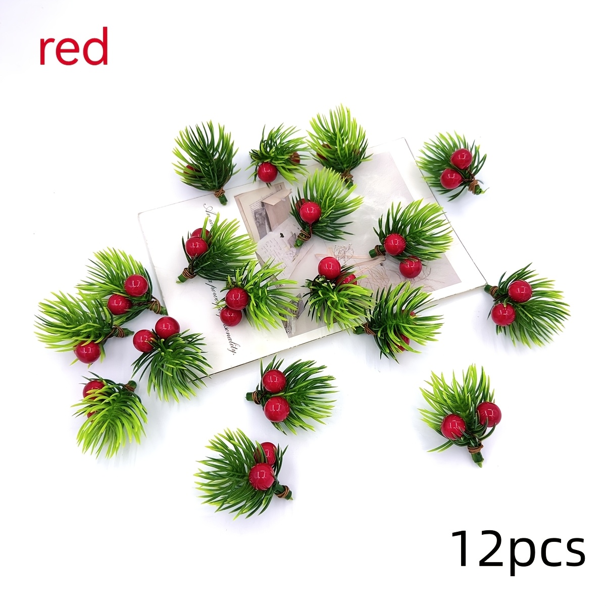 Image of 12pcs Artificial Pine Needles With Red Berry Mini Plastic Gradient Color Pine Needles Diy Garland For Christmas Tree Ornament And Party Decorations 4cm