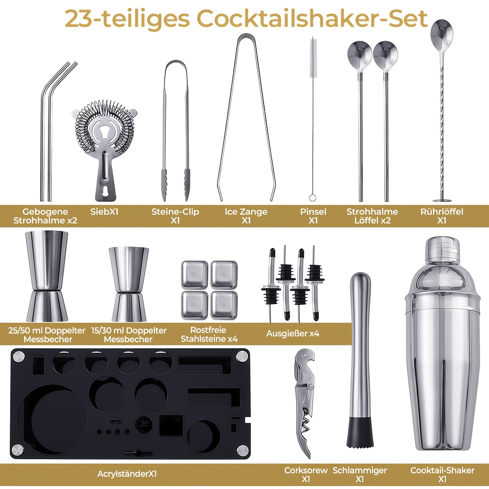 Image of Cocktail Shaker Set, 23pcs Stainless Steel Bartender Tool Kit, Includes Acrylic Stand And Cocktail Recipe Book, Professional Bartending Tools Suitable For Home, Bars, And Parties