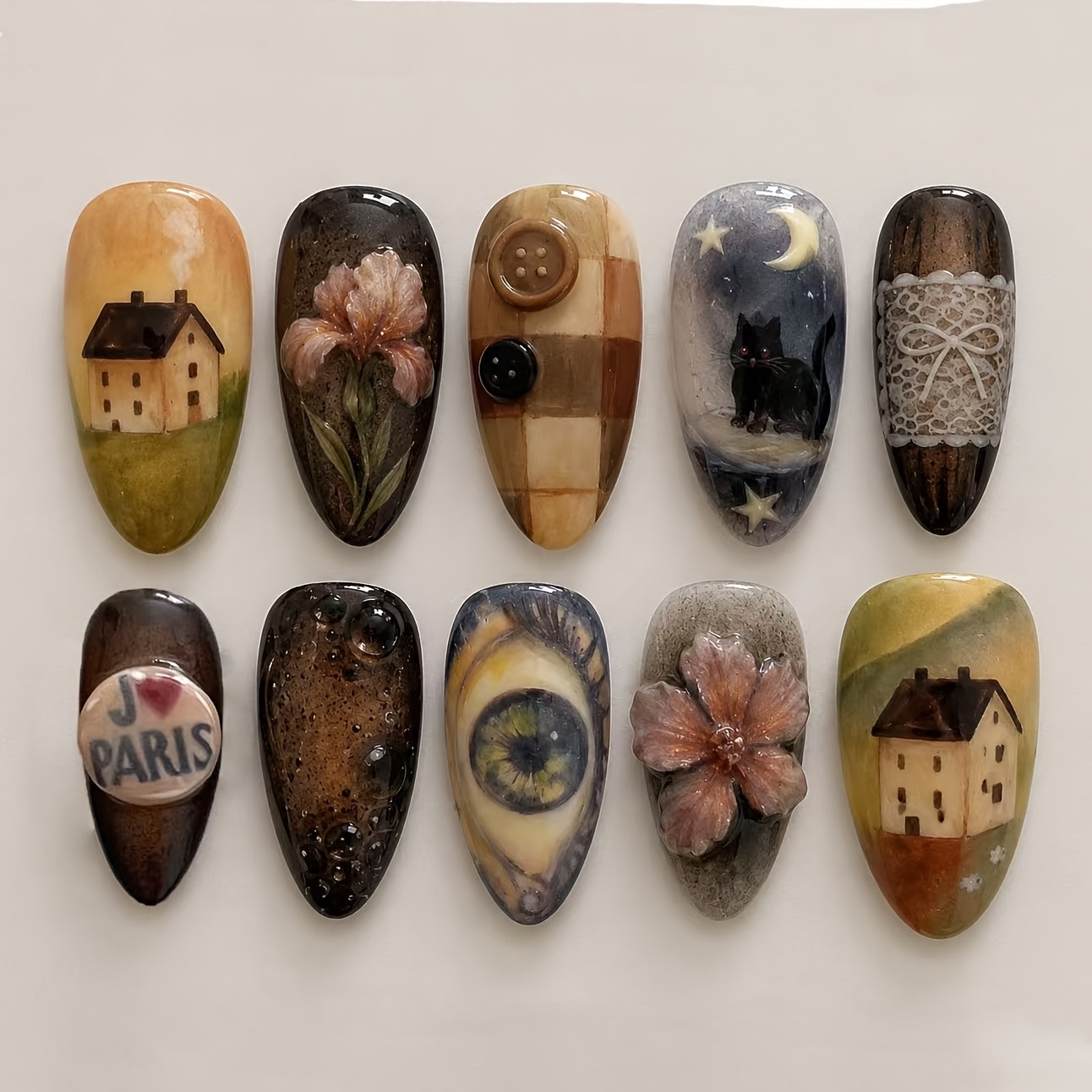 TEMU Country Tale Wind 24pcs Medium Oval Oil Painting House Black Cat Wear For Afternoon Card Essential Nail Quiet Literary Wind Gentle Look