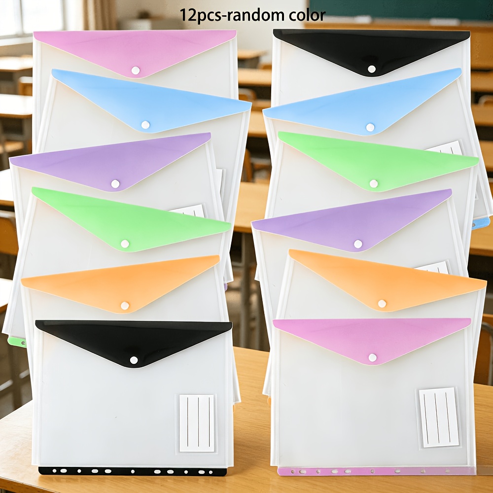 TEMU Lot de 12 chemises de classeur à anneaux A4 colorées, pochettes de rangement de documents transparentes, classeurs à bouton-pression avec fentes