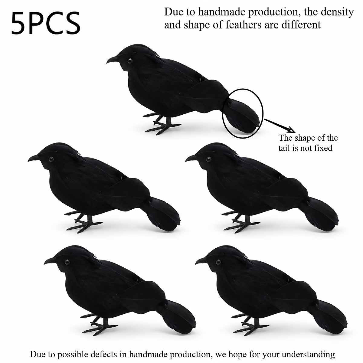TEMU 5pcs Realistic Black Artificial Feathered Bird Figurines Static Tabletop Ornaments For Halloween Scene Layout Party Decor Themed Display