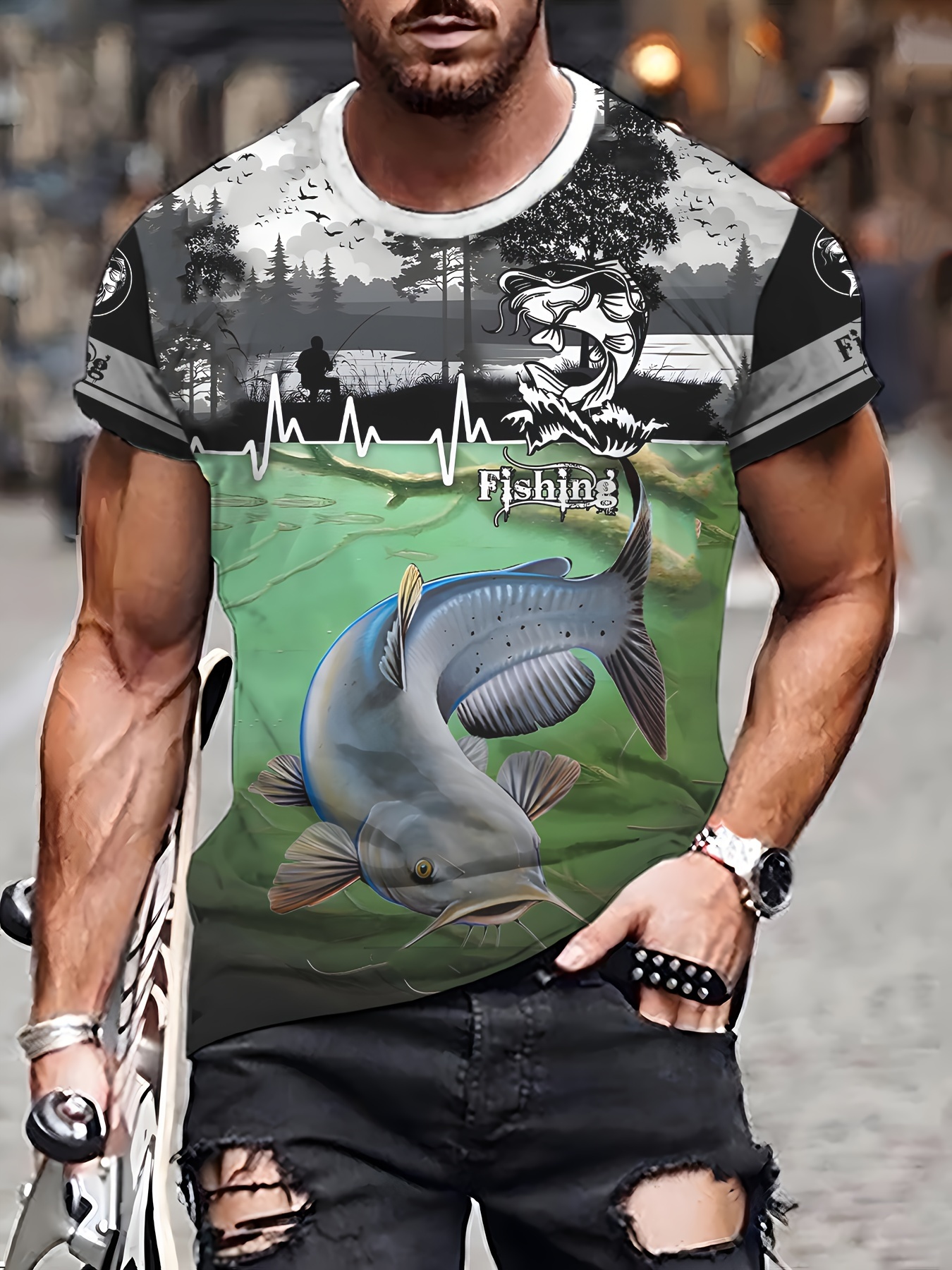 3D Fish Pattern Print Men's Crew Neck Short Sleeve T-Shirt Casual Summer T-Shirt For Daily Wear And Vacation Resorts