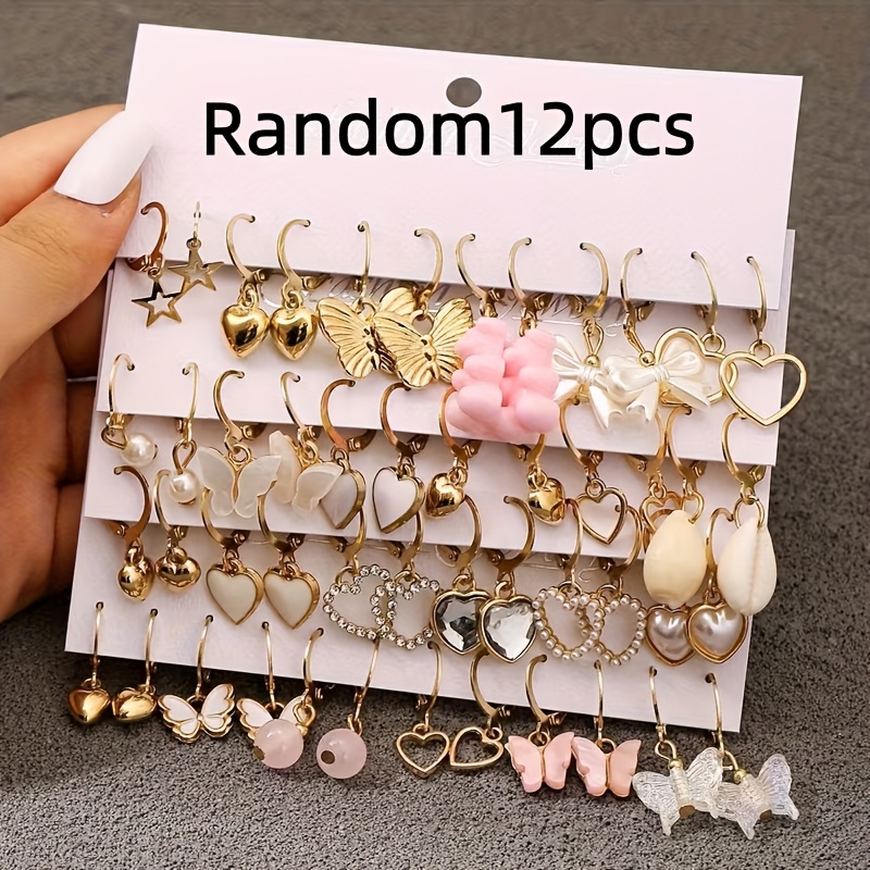 TEMU Lot de 12 paires de boucles d'oreilles aléatoires style avec cœur , boucles d'oreilles pendantes simples, polyvalentes pour un usage , adaptées