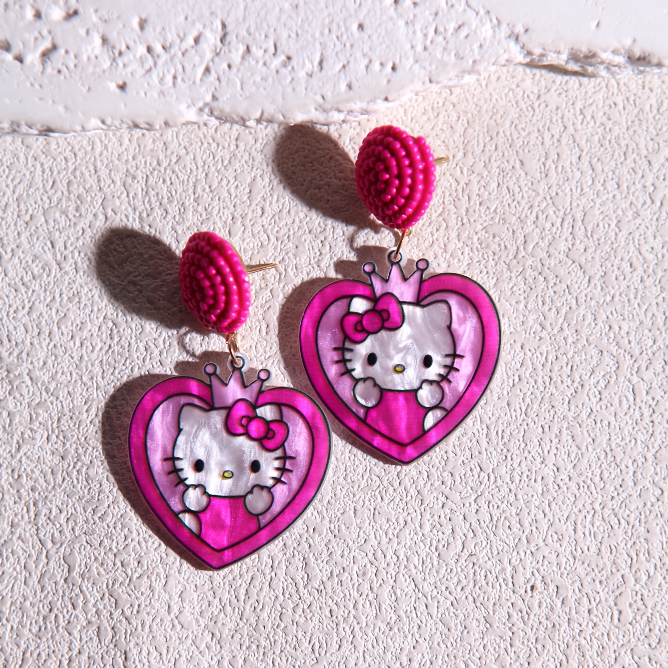 Handmade Glossy Resin Heart KT Cat Crown Drop Earrings