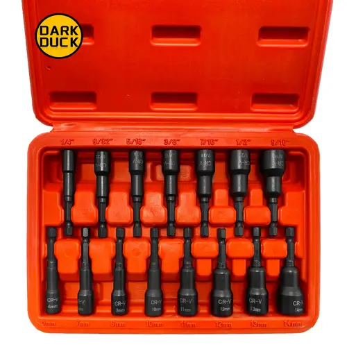 15pcs dark duck magnetic nut driver set impact metric sizes 1 4 to 9 16 chrome vanadium steel rust resistant case nut driving tools secure storage durable tools