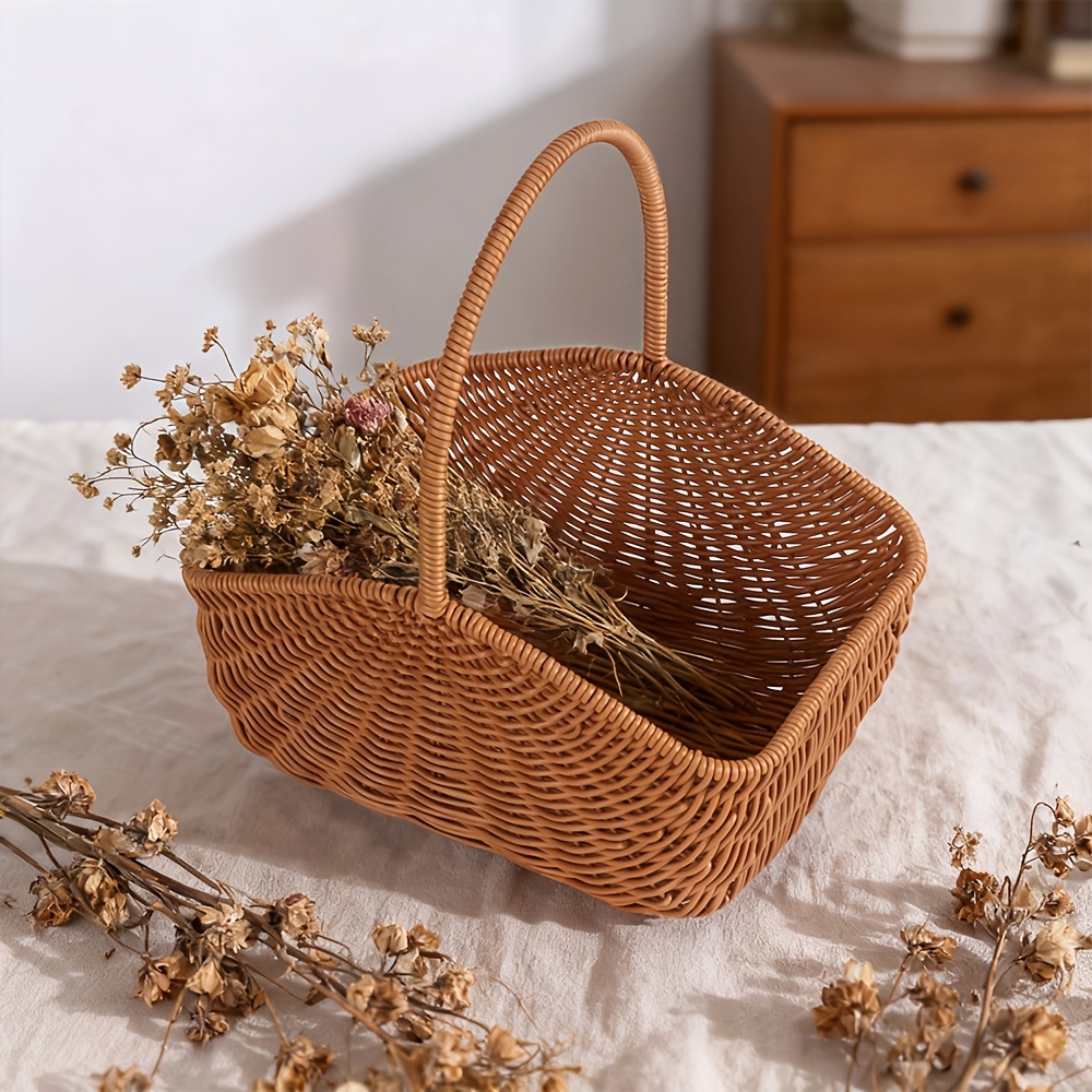 TEMU Cesta de flores de de gran capacidad con natural estilo ratán tejido, organizador floral estilo -, accesorio de foto boho para decoración