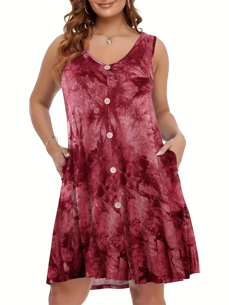 plus size tie dye pocket dress vacation style button front sleeveless v neck dress for spring summer womens plus size clothing details 0