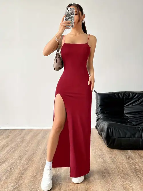 New Saxy Dress Women'S High-Slit Bodycon Maxi Dress Solid Color Thin Strap Spaghetti Strap, High Slit Design, Form-Fitting Dress For Casual Formal Occasions, High Slit Dress New Saxy Dress Women'S High-Slit Bodycon Maxi Dress Solid Color Thin Strap Spaghetti Strap, High Slit Design, Form-Fitting Dress For Casual Formal Occasions, High Slit Dress