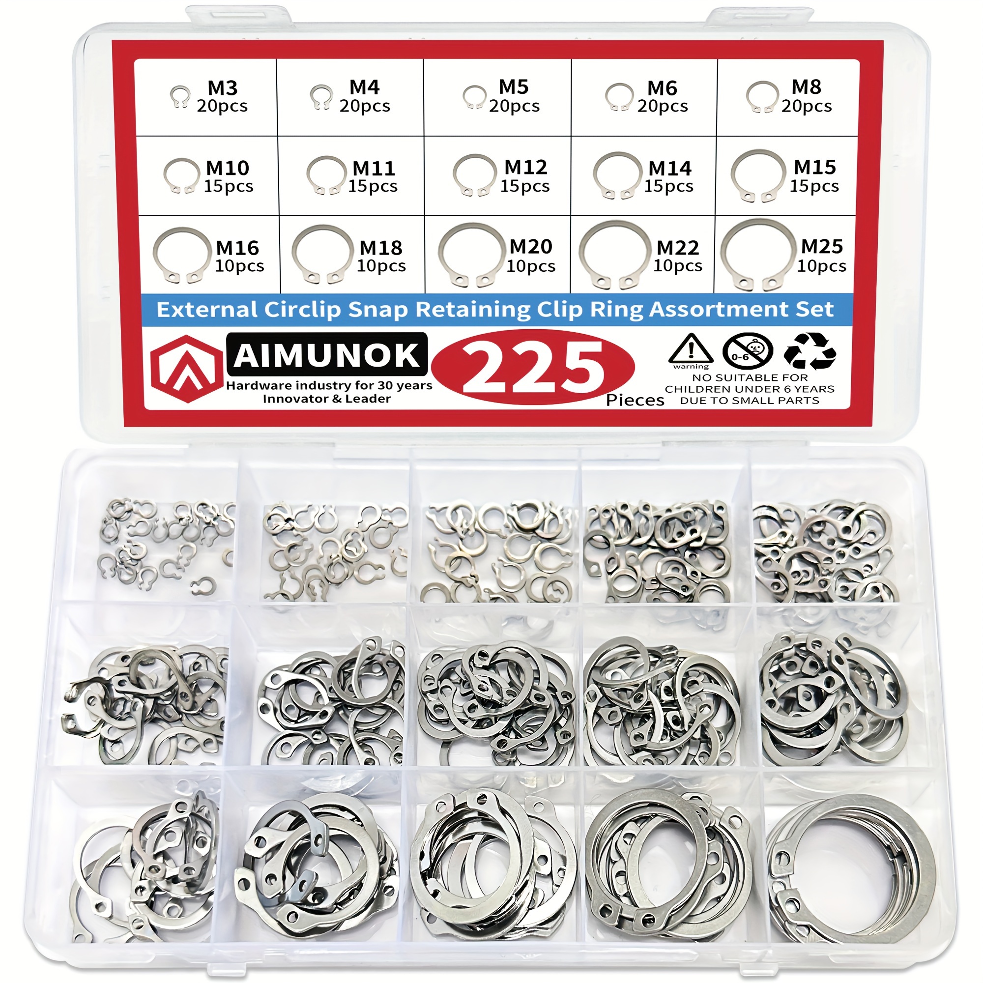 

225pcs External Retaining Rings Snap Rings Assortment Kit 304 Stainless Steel External Circlip Snap External Retaining C-clips Rings Set