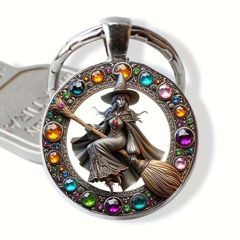 

1pc Funky On Broomstick Keychain, Alloy Glass Cabochon Keyring, Creative Car Pendant For Men And Women, Ideal For Wedding, Birthday, Graduation, Christmas, Anniversary Gift, For Halloween