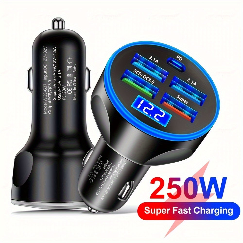

250w Usb Led 5 Ports Fast Charging Pd20w Qc 3.0 Usb C Car Phone Charger Type C Adapter In Car For /samsung/xiaomi Products Containing Chinese Characters