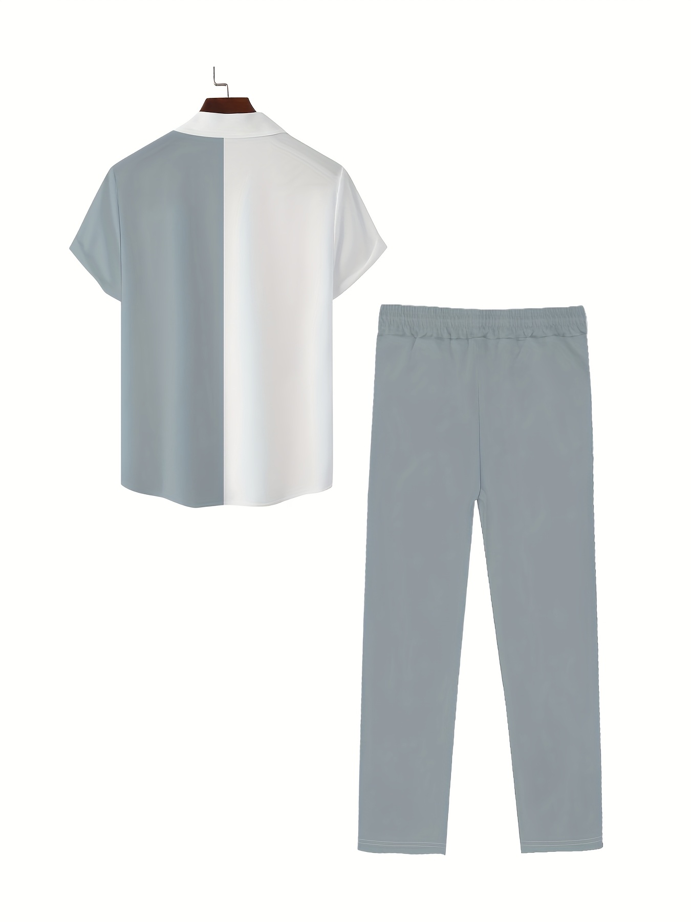 Men'S Casual Short Sleeve Shirt and Pants Set - Geometric Pattern, Button-Up Collared Shirt with Pockets, Light Gray Polyester Blend, Perfect for Vacation and Leisure, Vacation Attire | Stylish Buttonup | Polyester Blend