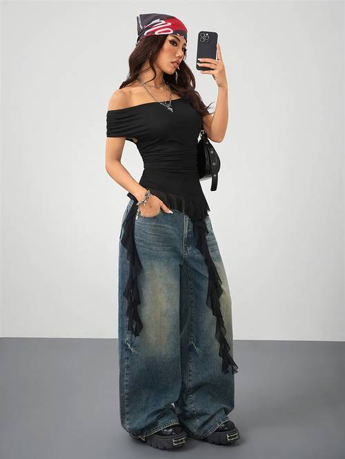 womens festival off shoulder mesh asymmetrical hem strapless top valentines day