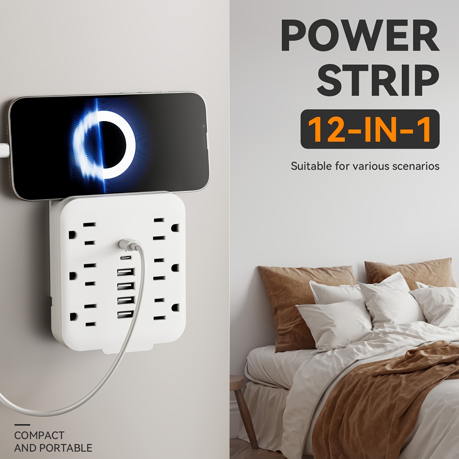 

1pc Compact 12-in-1 Wall With Usb - 6 Ac Outlets & 6 Usb Charging (2 Usb-c) - Space-saving, Plug Powered, 110-130v, Us Plug - Ideal For Use - White & Black