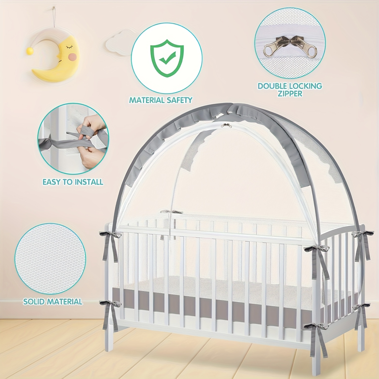 Crib Canopy - Netting to Prevent from Climbing Out - Sturdy And Breathable Pop-Up Tent for Cribs, Safety Cover