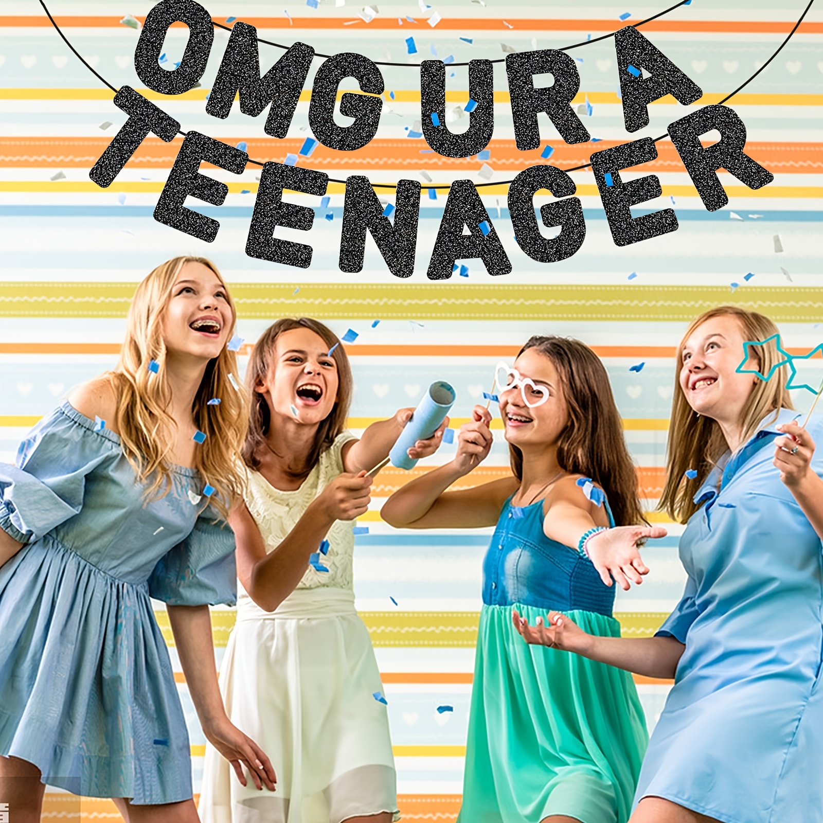 omg ur a teenager 13th birthday banner black glittery party - Temu