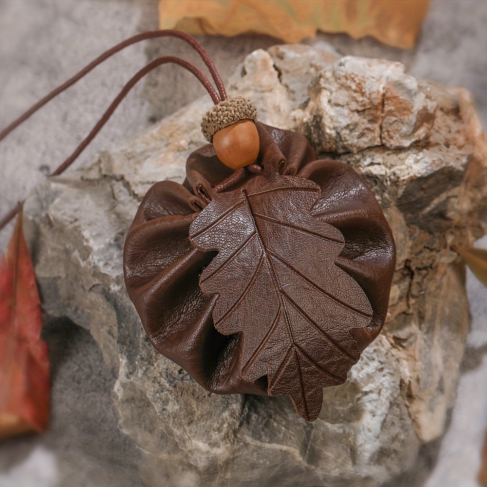 Medium Brown Oak Leaf Faux Pu Faux Leather Pouch, Pouch, Faux Leather Bag, Oak Leaf, Larp Ren Drawstring Bag, Leaf Bag, Renaissance
