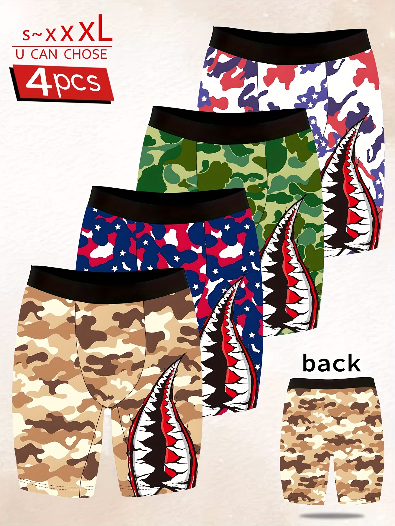 4pcs mens novelty boxer briefs camouflage print polyester stretch fabric   friendly extended length boxer briefs quick dry breathable sports casual wear sports boxer briefs camouflage print briefs stretchy fabric briefs multicolor 0