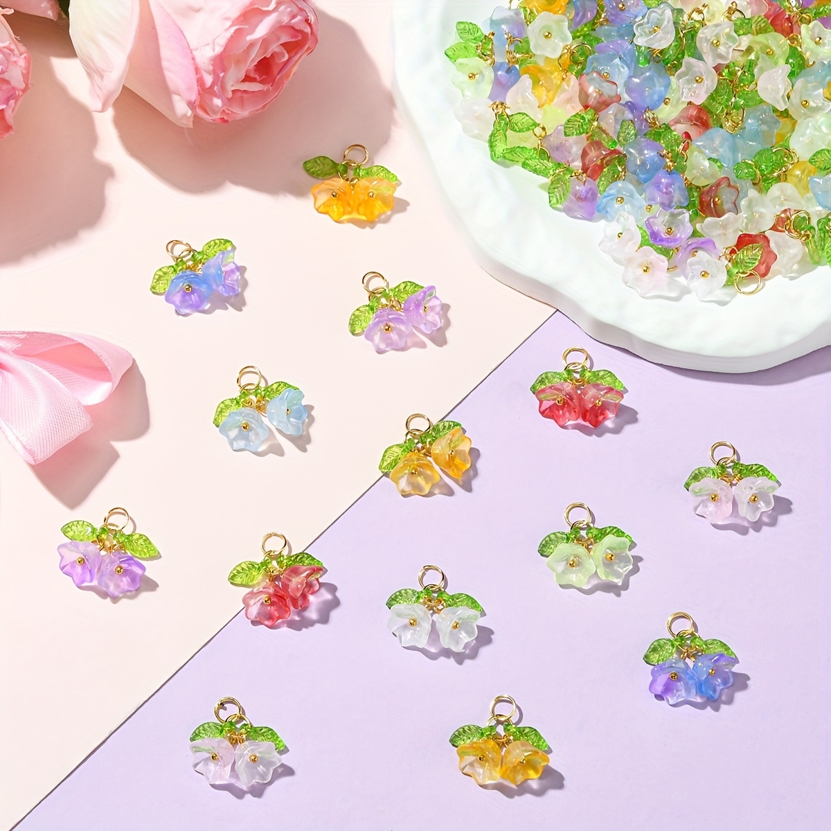 10 Double-Colored Glass Wind Chime Flower Pendants for Jewelry Making