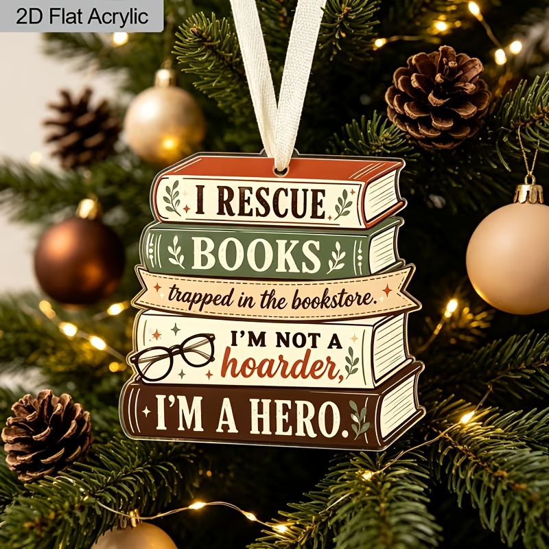 TEMU 2d Flat 1pc -themed Acrylic Ornament - "save Books, A , " Slogan Decor, Stacked Bookshelf Ornament For Christmas Tree And Wall Decoration, Gift